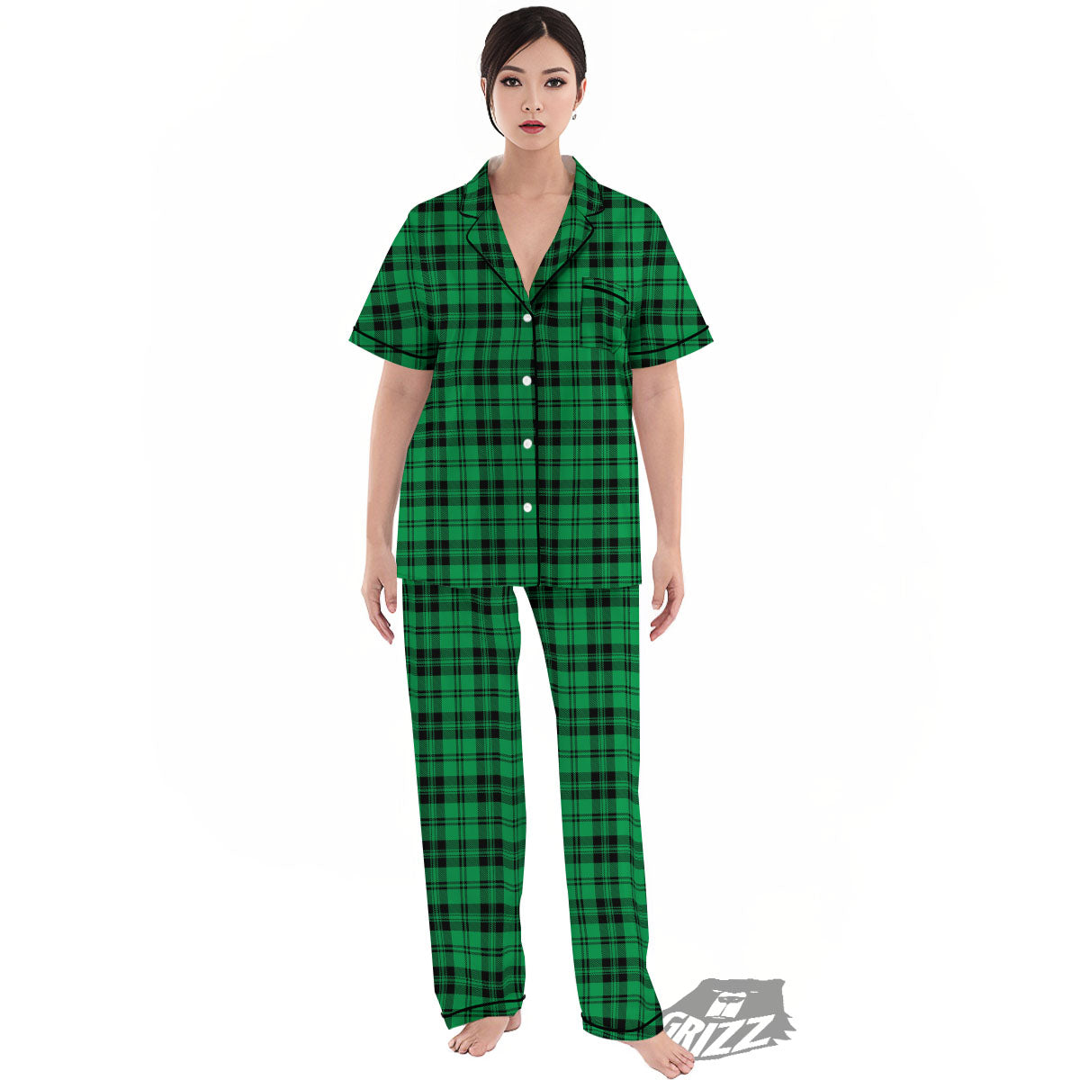 Stewart Tartan Green And Black Print Women's Pajamas Set-grizzshop