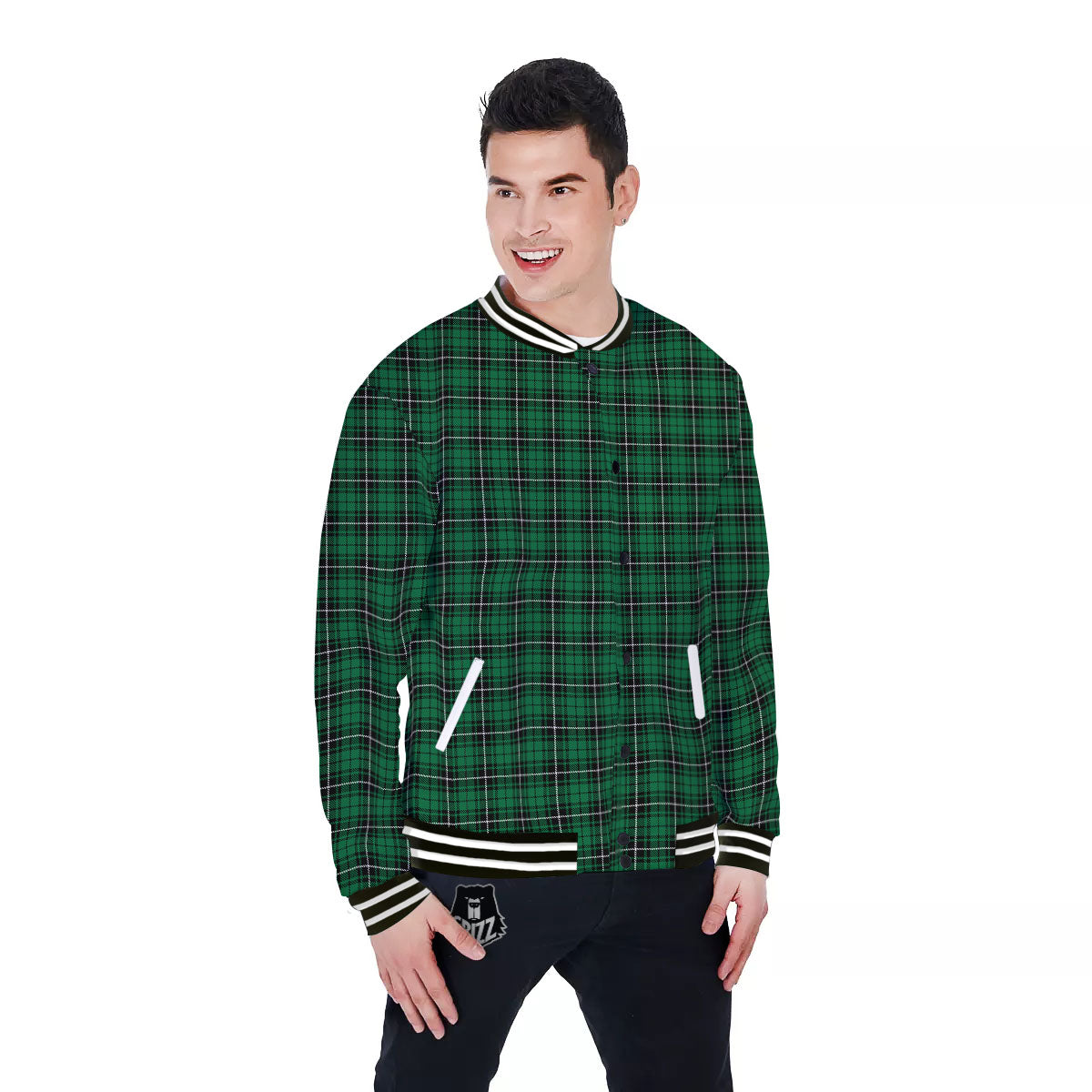 Stewart Tartan Green Print Baseball Jacket-grizzshop