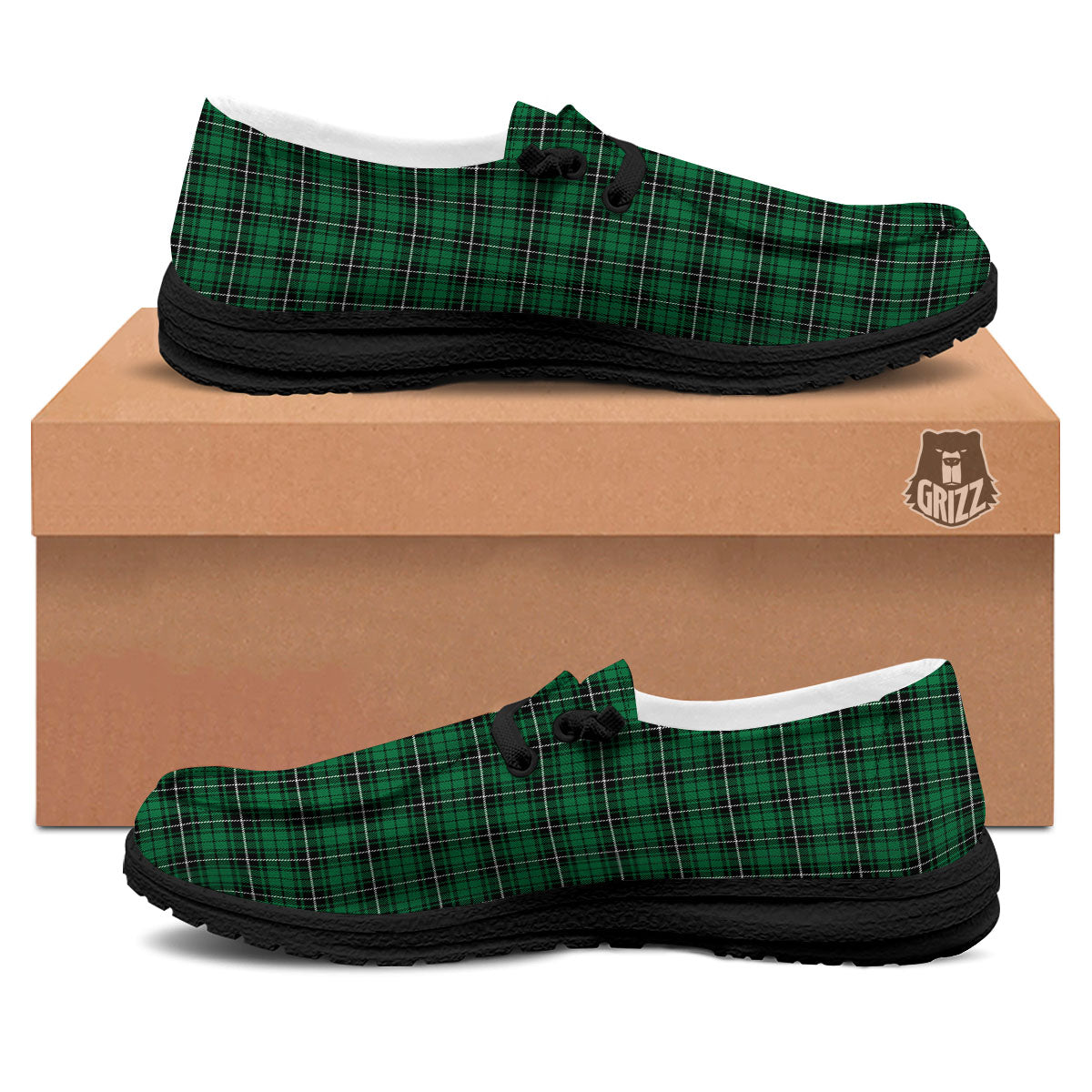 Stewart Tartan Green Print Black Loafers-grizzshop