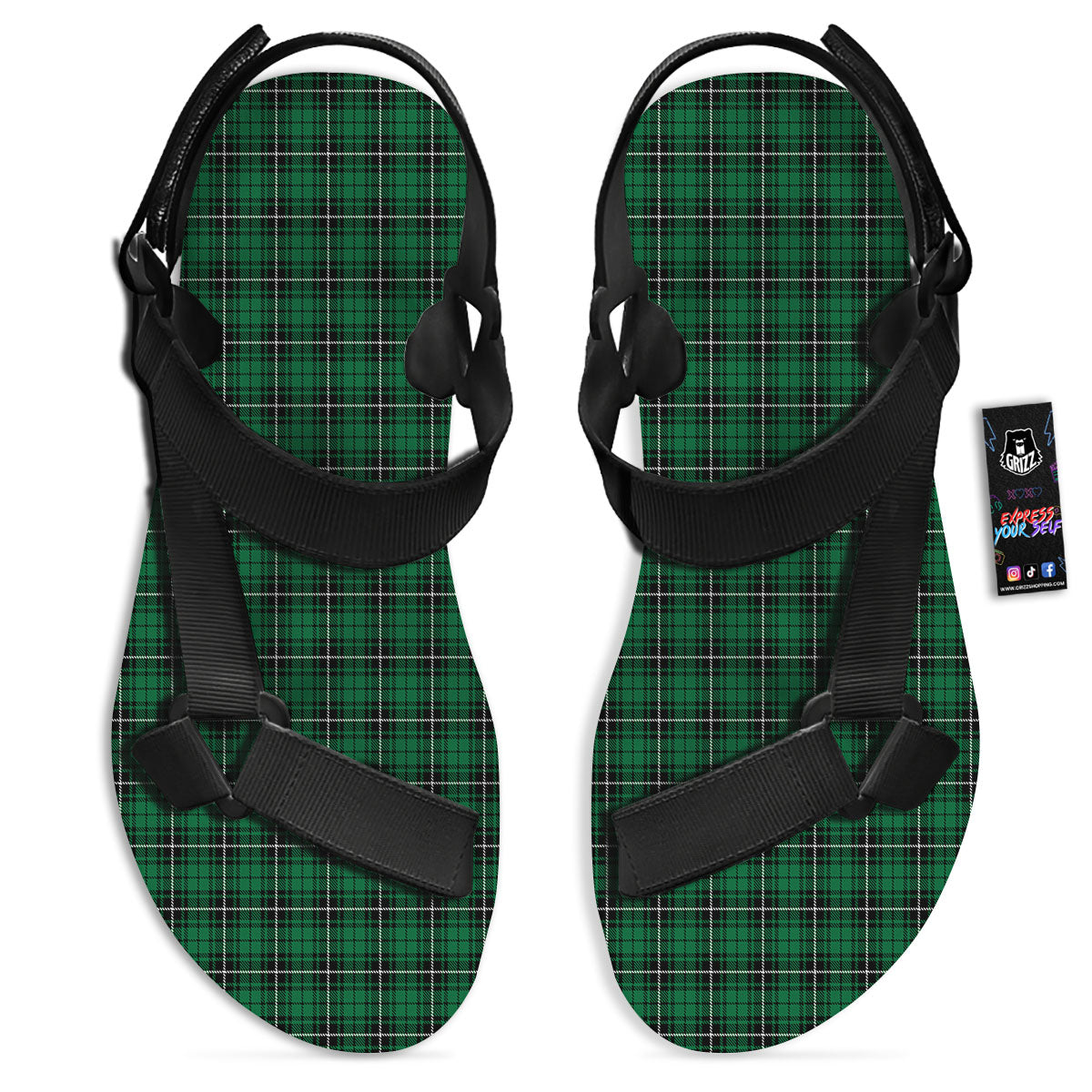Stewart Tartan Green Print Black Open Toe Sandals-grizzshop