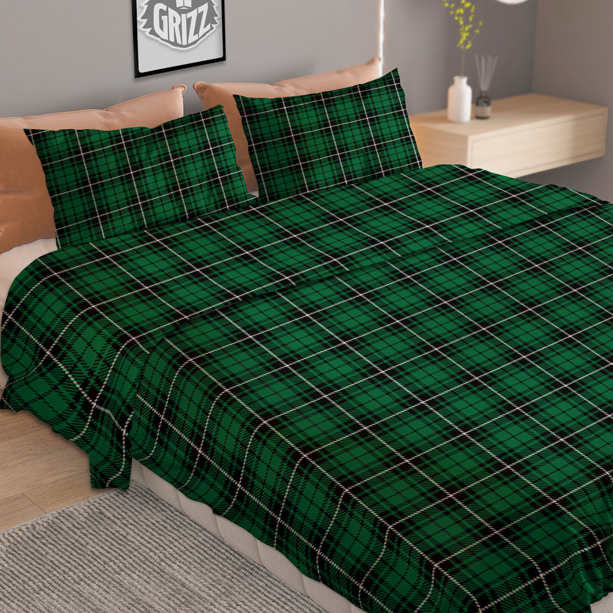 Stewart Tartan Green Print Duvet Cover Bedding Set