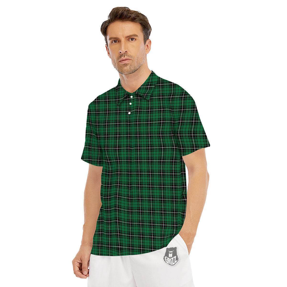 Stewart Tartan Green Print Men's Golf Shirts-grizzshop