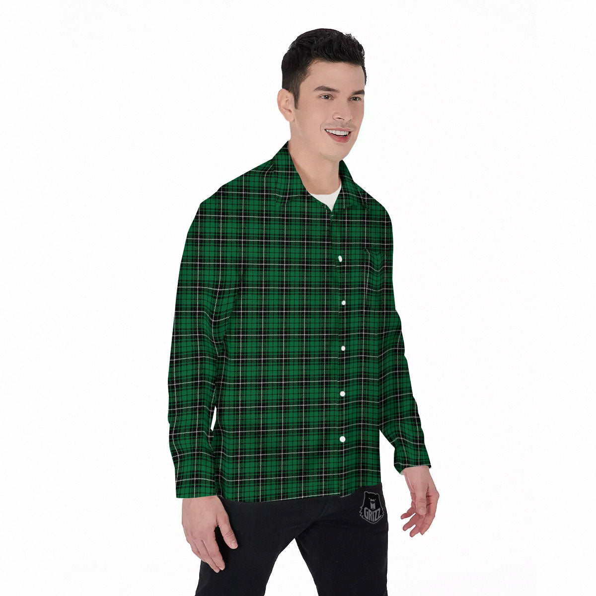 Stewart Tartan Green Print Men's Long Sleeve Shirts-grizzshop