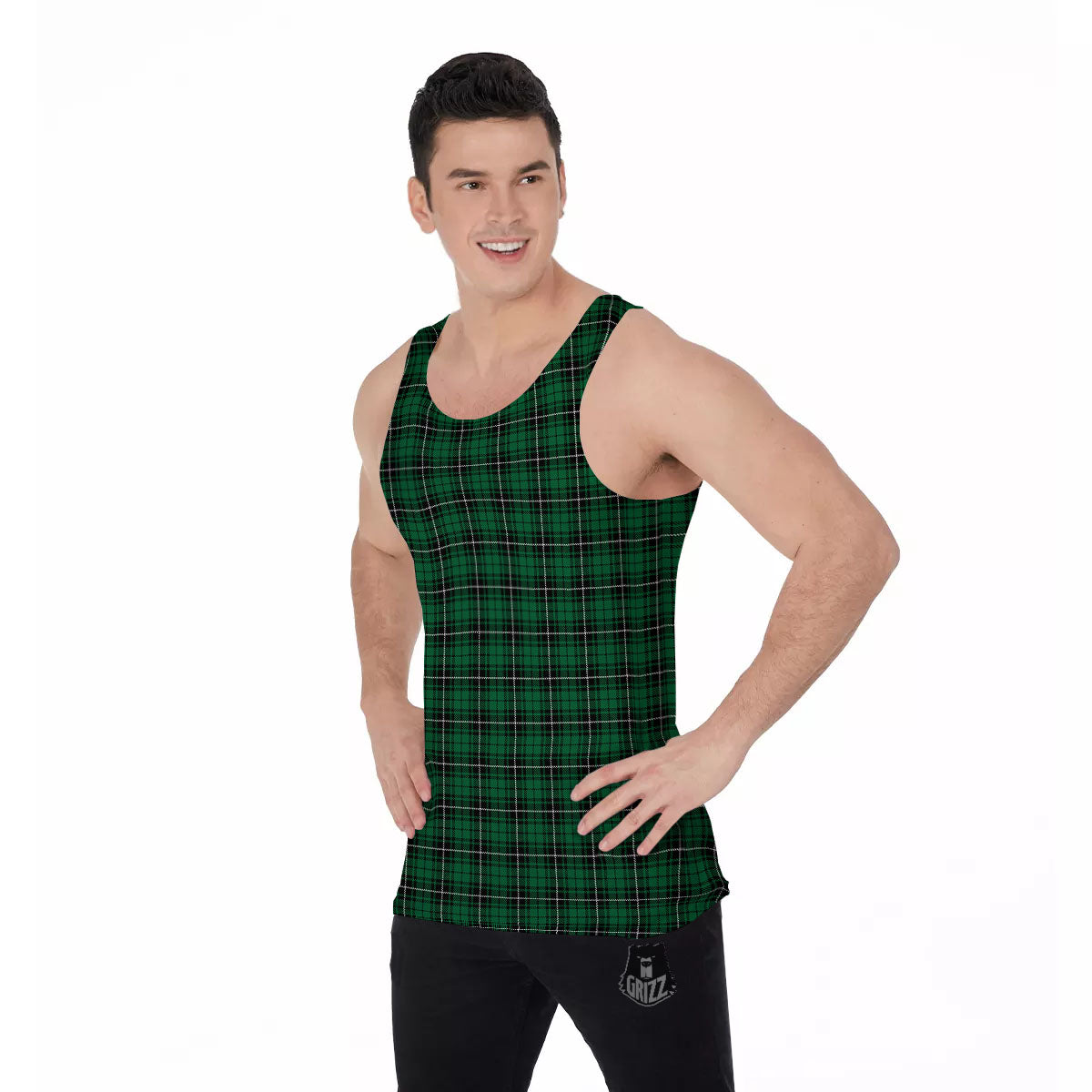 Stewart Tartan Green Print Men's Tank Top-grizzshop