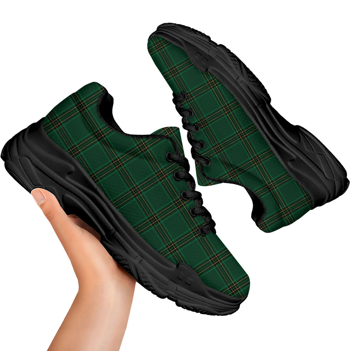 Stewart Tartan Green Print Pattern Black Chunky Shoes-grizzshop
