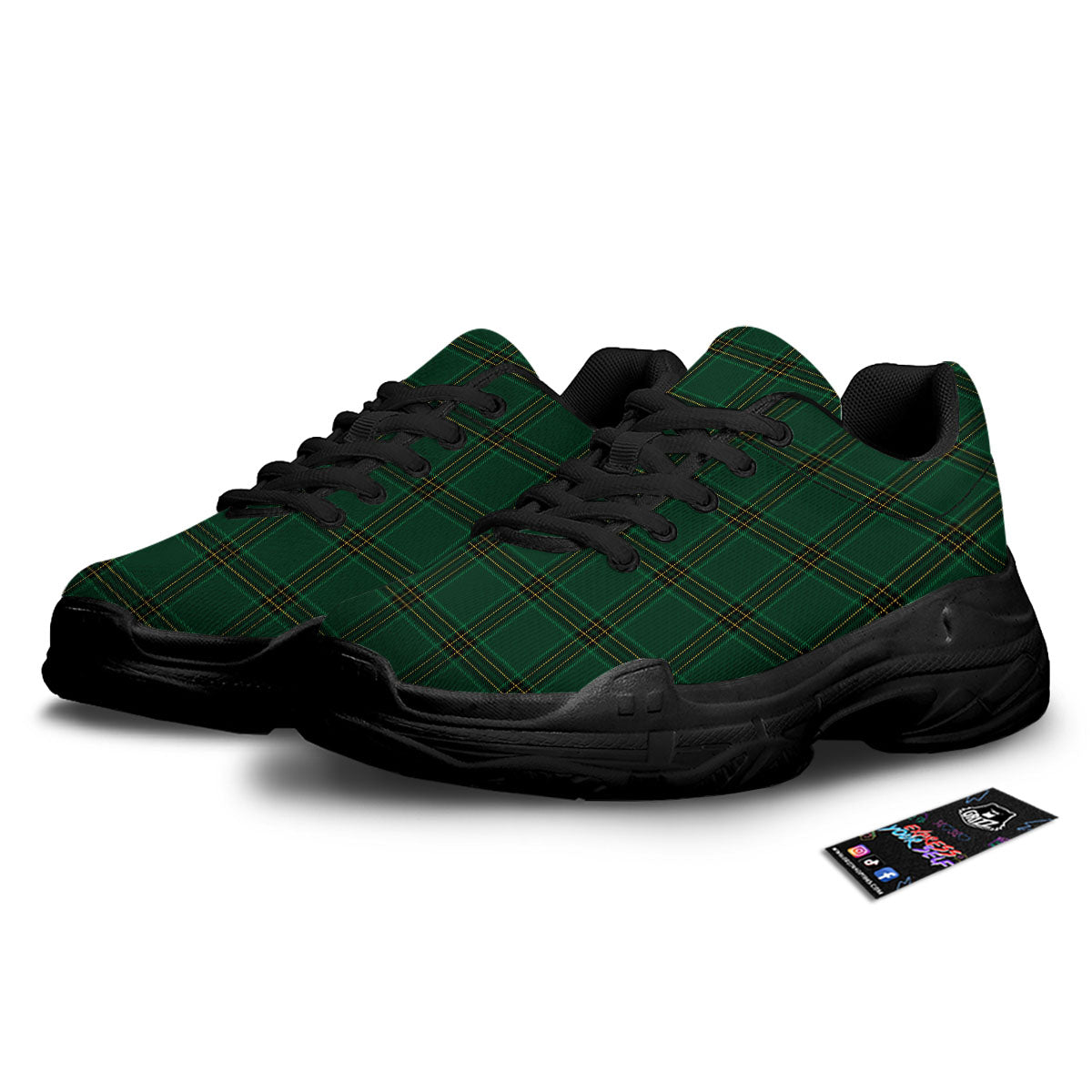Stewart Tartan Green Print Pattern Black Chunky Shoes-grizzshop