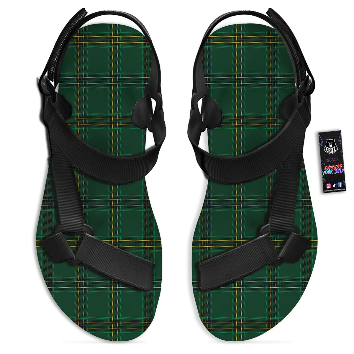 Stewart Tartan Green Print Pattern Black Open Toe Sandals-grizzshop