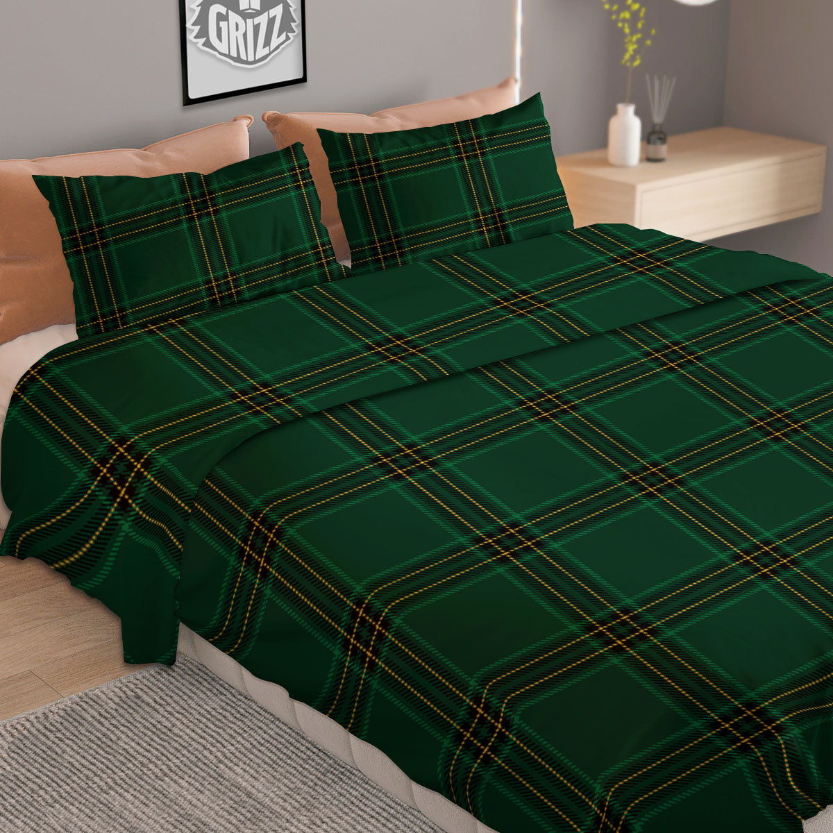 Stewart Tartan Green Print Pattern Duvet Cover Bedding Set