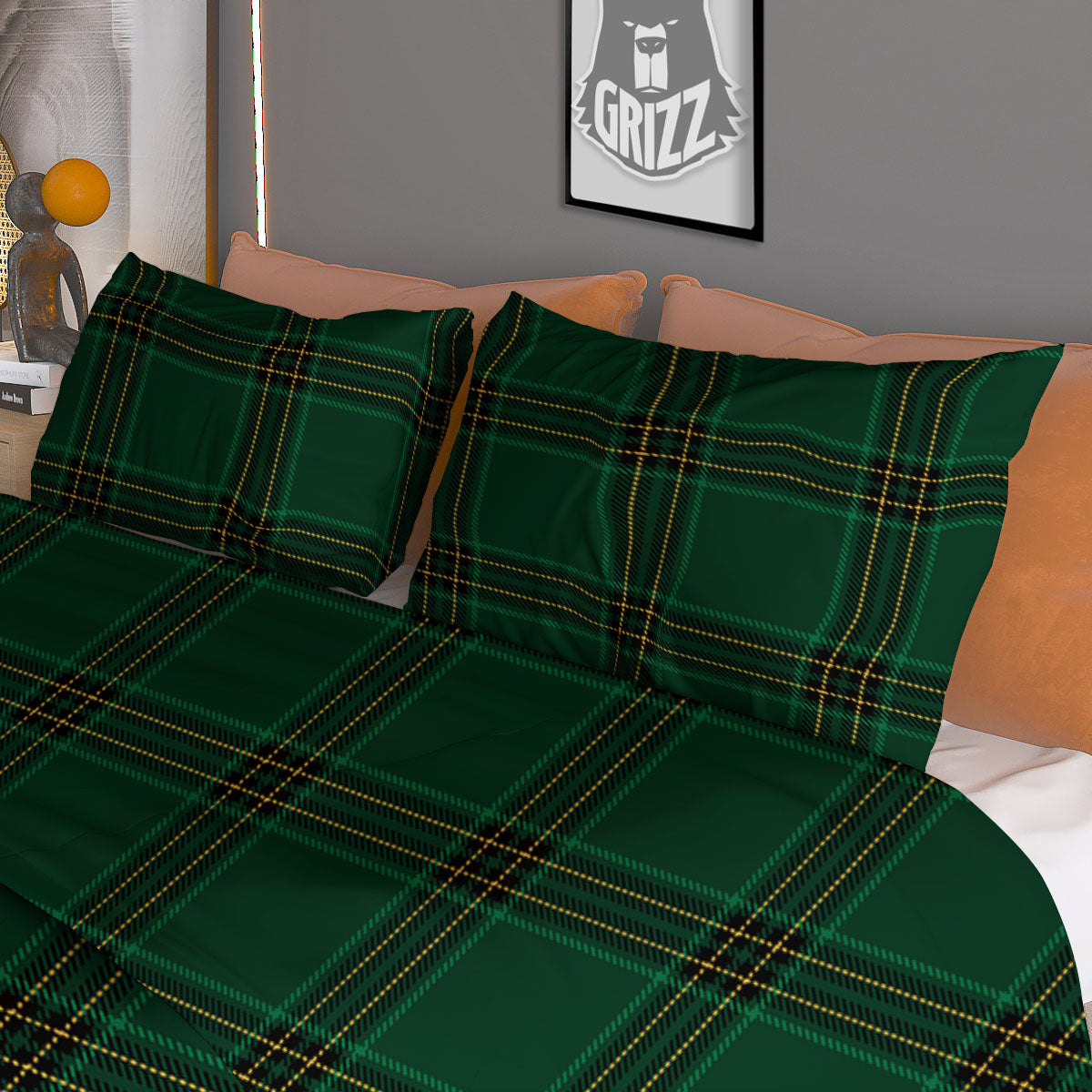 Stewart Tartan Green Print Pattern Duvet Cover Bedding Set