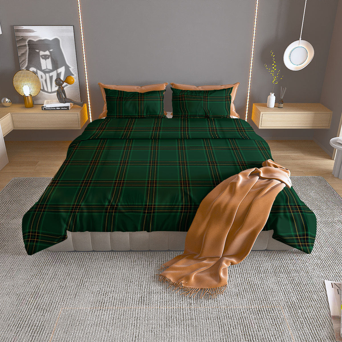 Stewart Tartan Green Print Pattern Duvet Cover Bedding Set