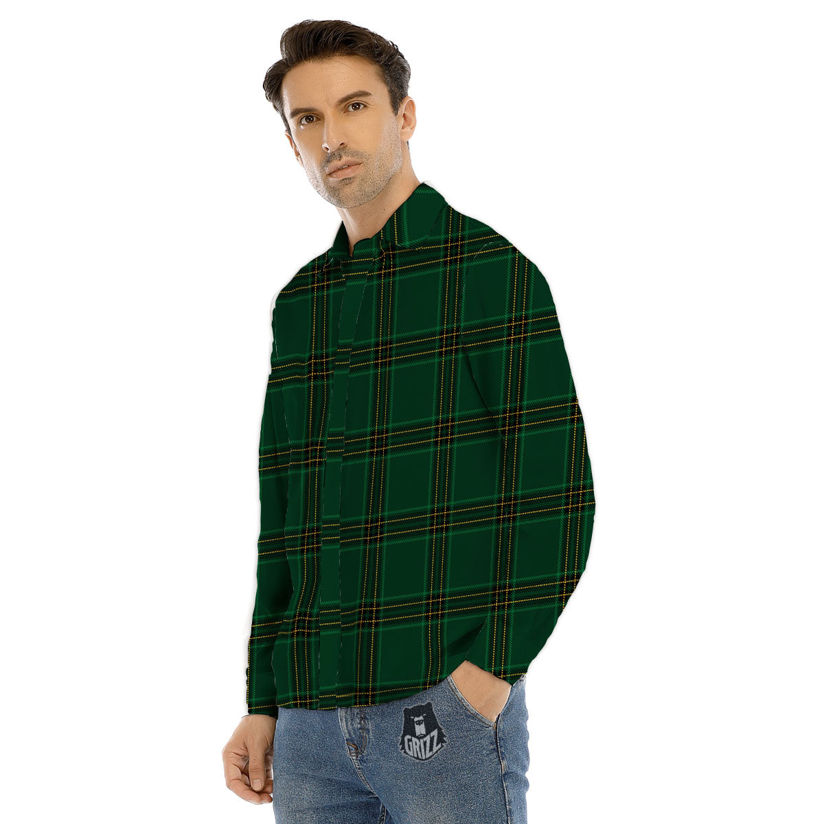 Stewart Tartan Green Print Pattern Men's Dress Shirts-grizzshop