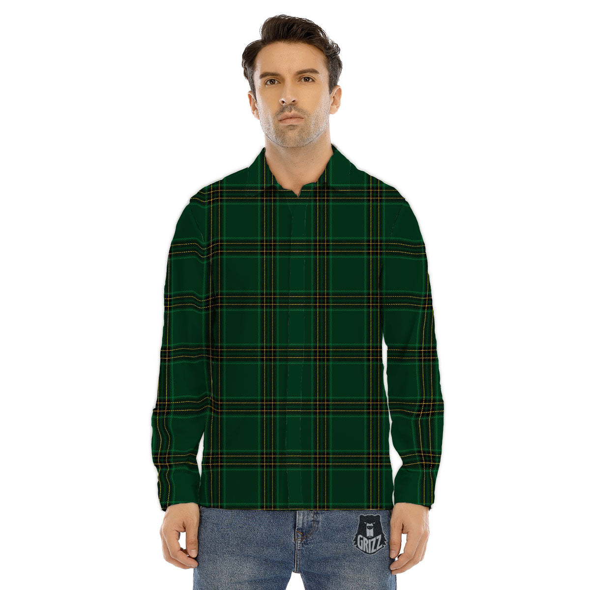 Stewart Tartan Green Print Pattern Men's Dress Shirts-grizzshop