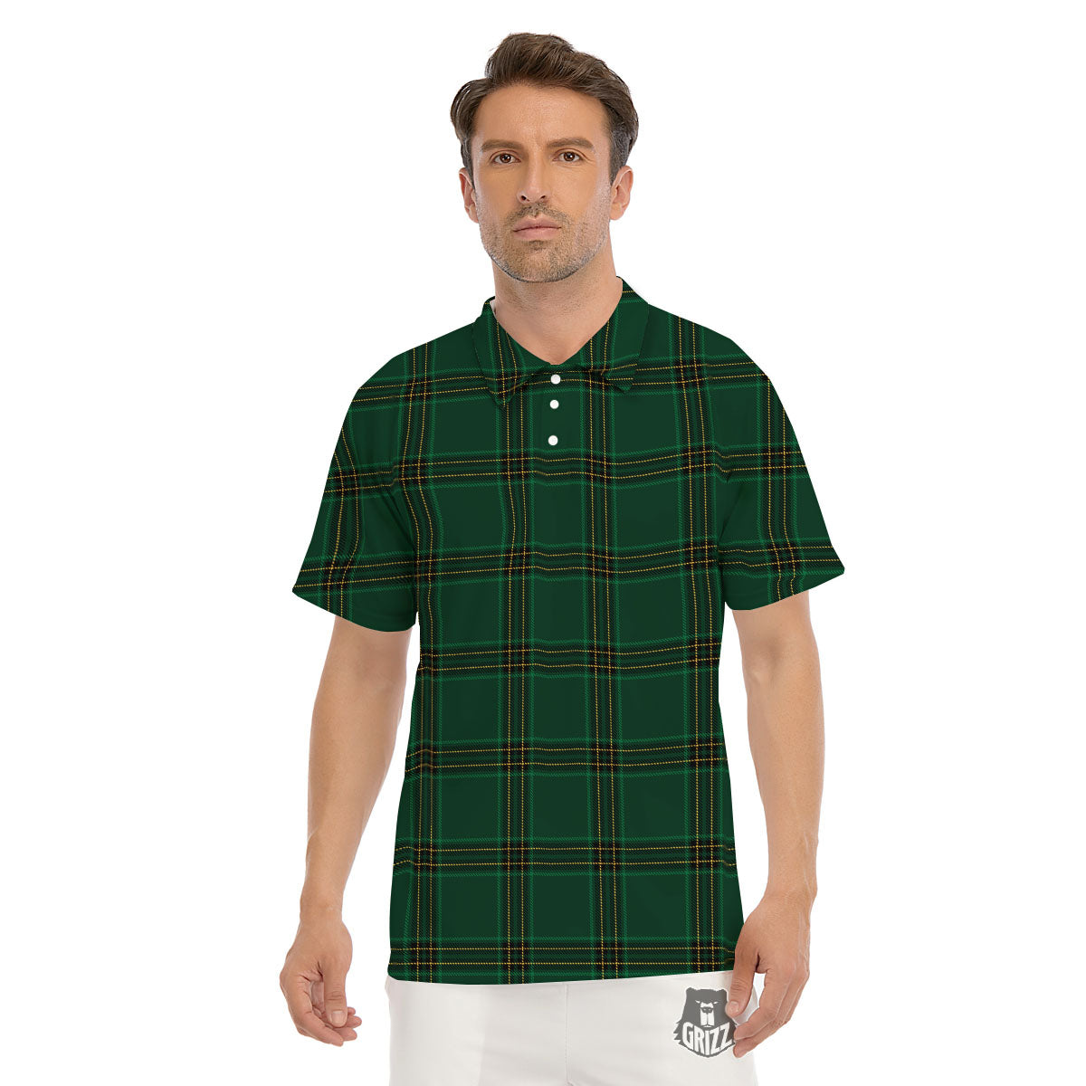 Stewart Tartan Green Print Pattern Men's Golf Shirts-grizzshop