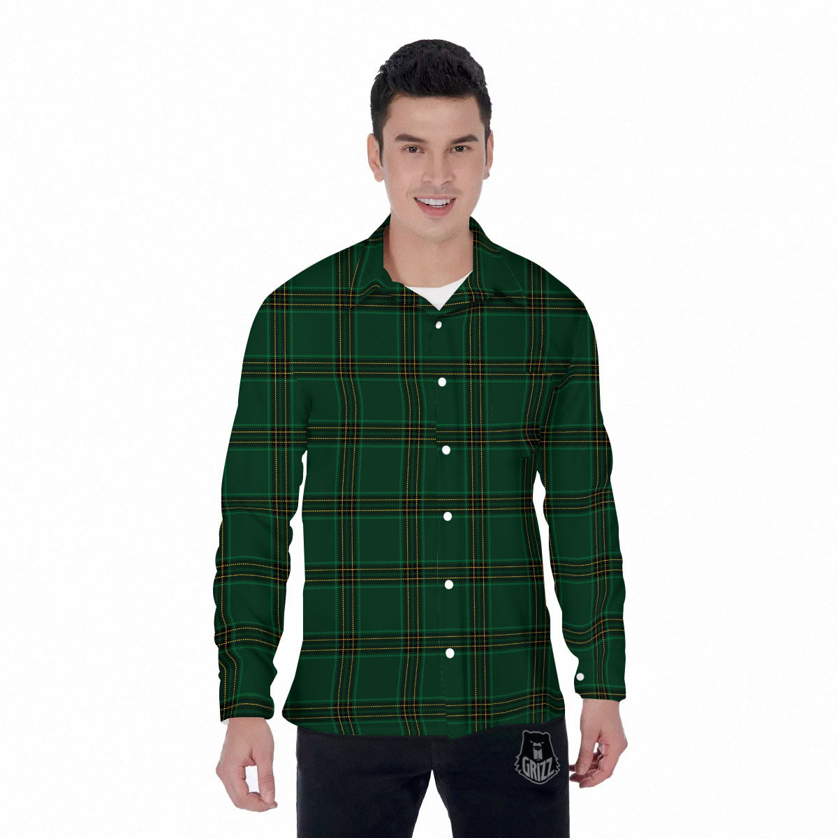 Stewart Tartan Green Print Pattern Men's Long Sleeve Shirts-grizzshop