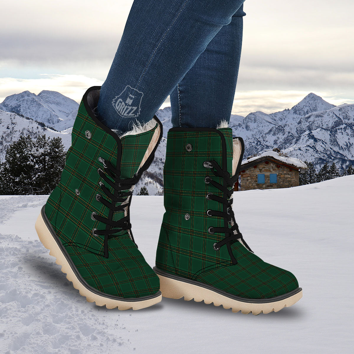 Stewart Tartan Green Print Pattern Snow Boots-grizzshop