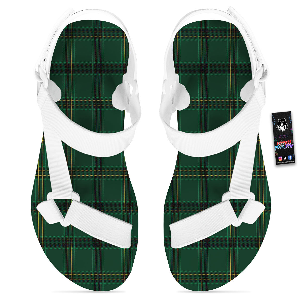 Stewart Tartan Green Print Pattern White Open Toe Sandals-grizzshop