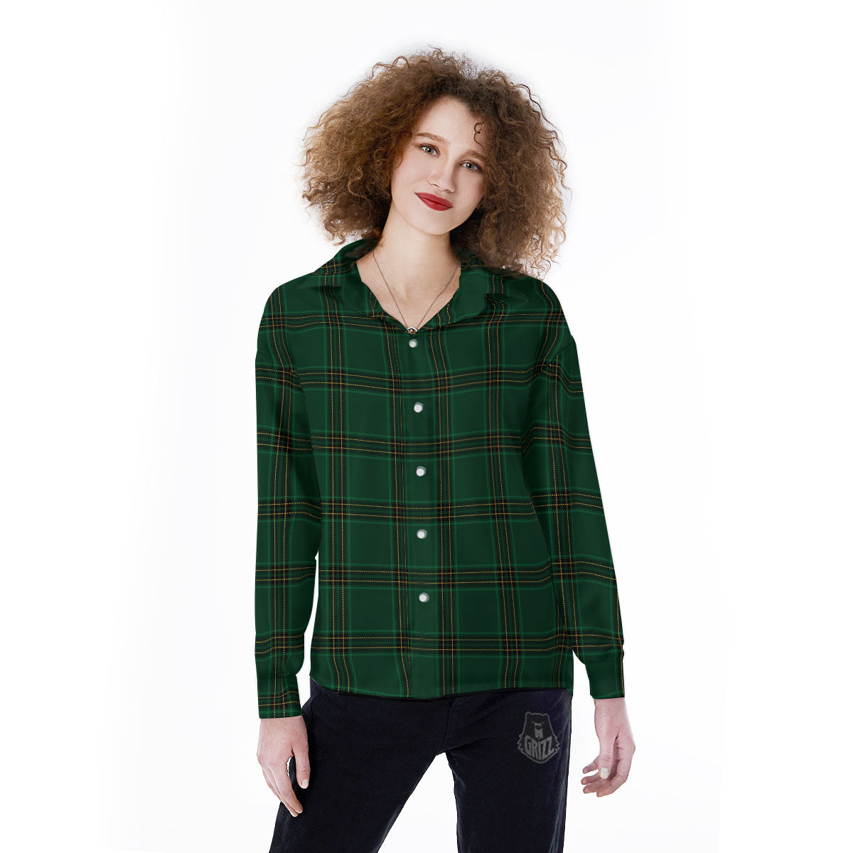 Stewart Tartan Green Print Pattern Women's Long Sleeve Shirts-grizzshop