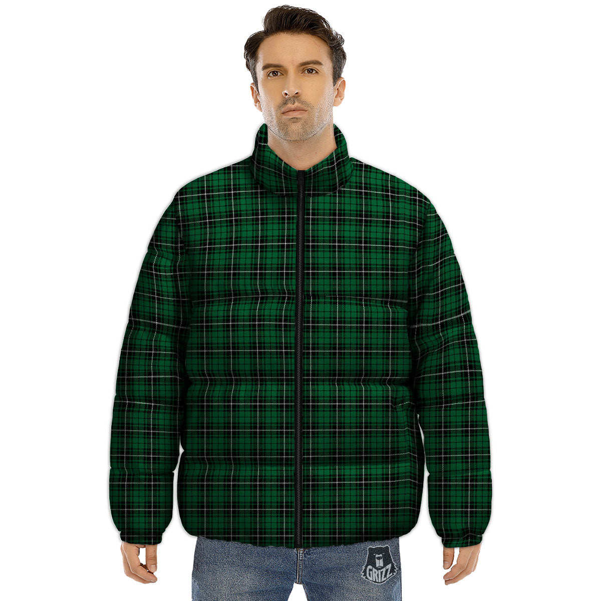 Stewart Tartan Green Print Puffer Jacket-grizzshop