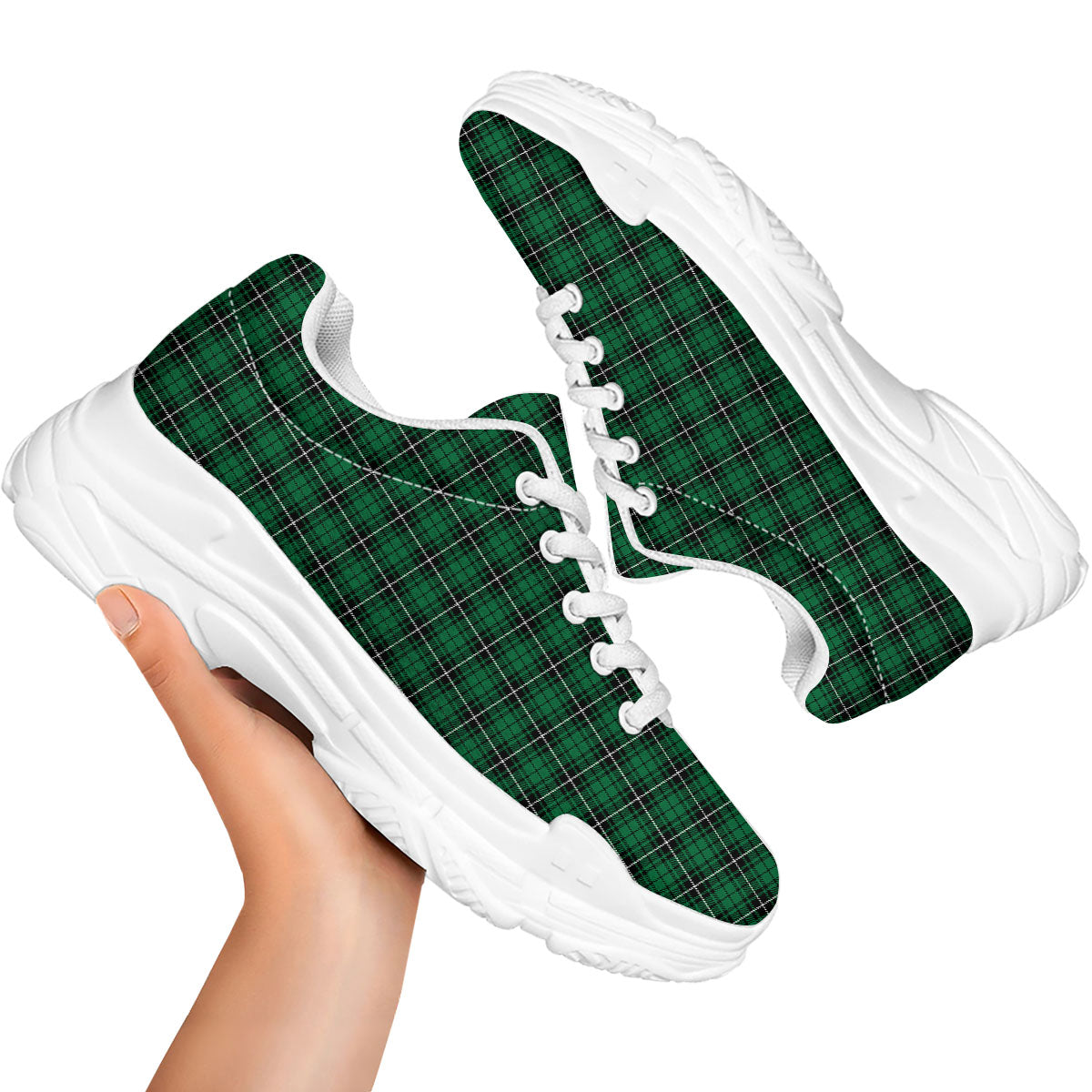 Stewart Tartan Green Print White Chunky Shoes-grizzshop