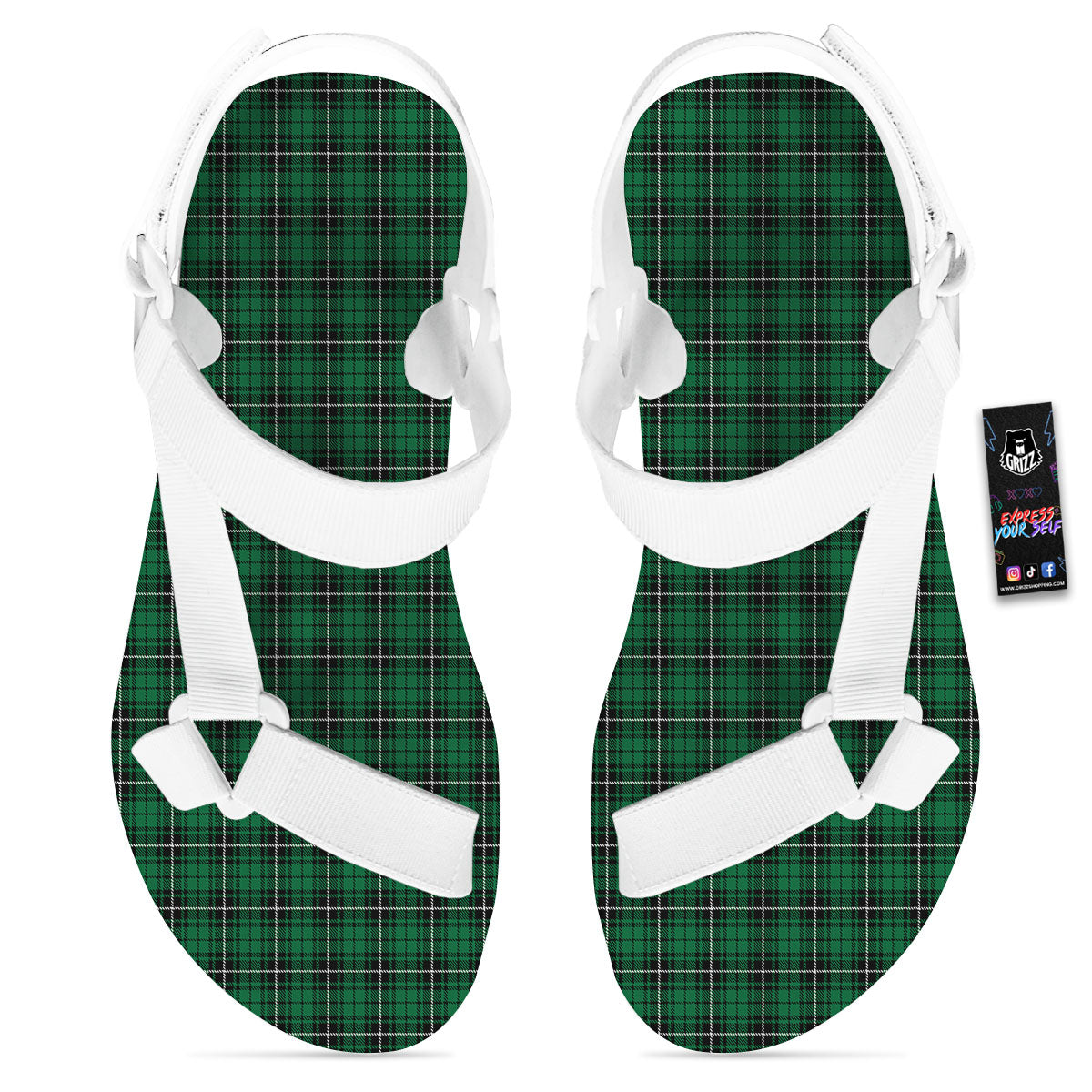 Stewart Tartan Green Print White Open Toe Sandals-grizzshop