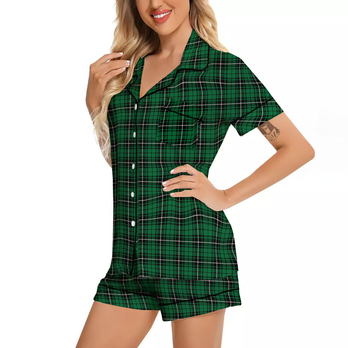 Stewart Tartan Green Print Women Silk Pajamas-grizzshop