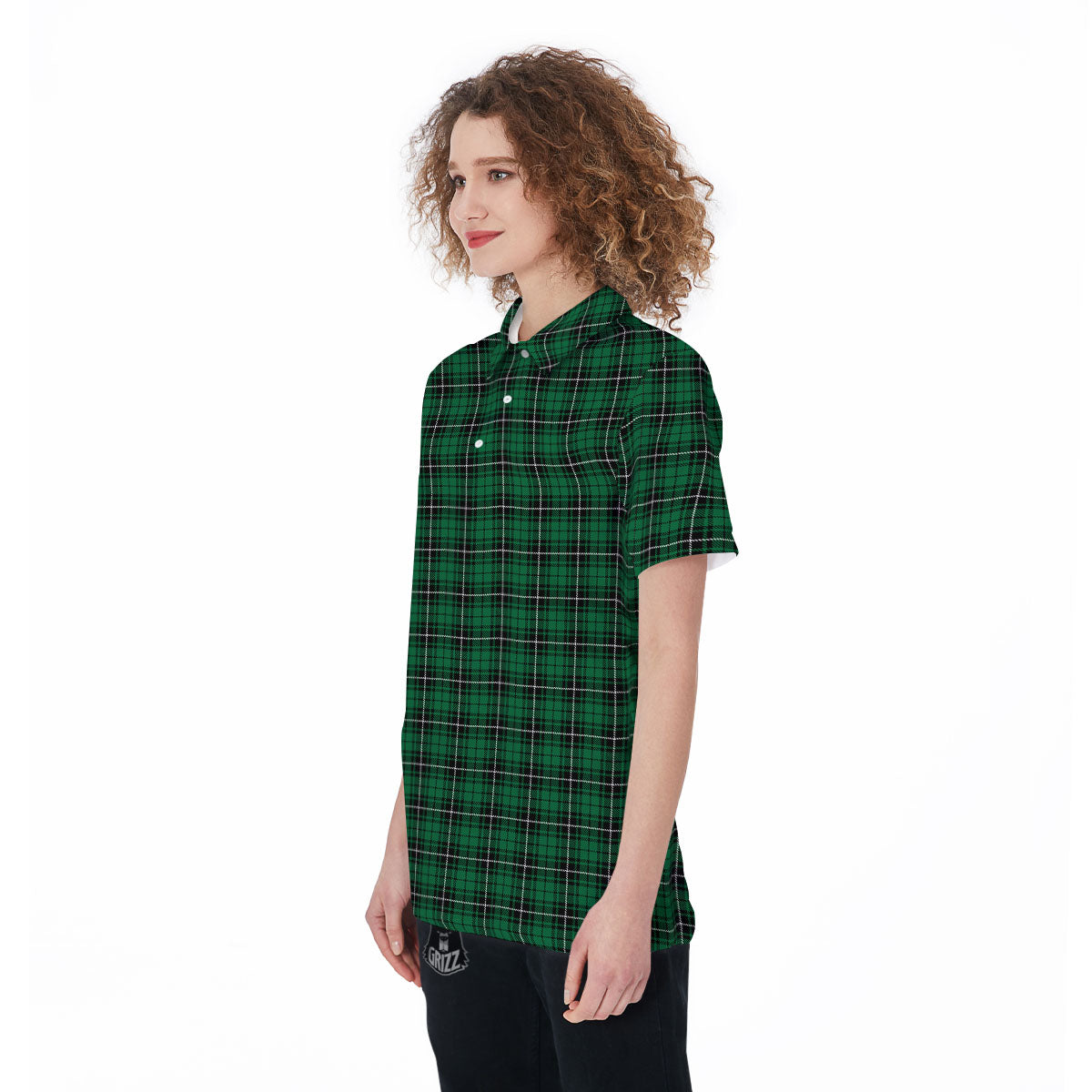 Stewart Tartan Green Print Women's Golf Shirts-grizzshop