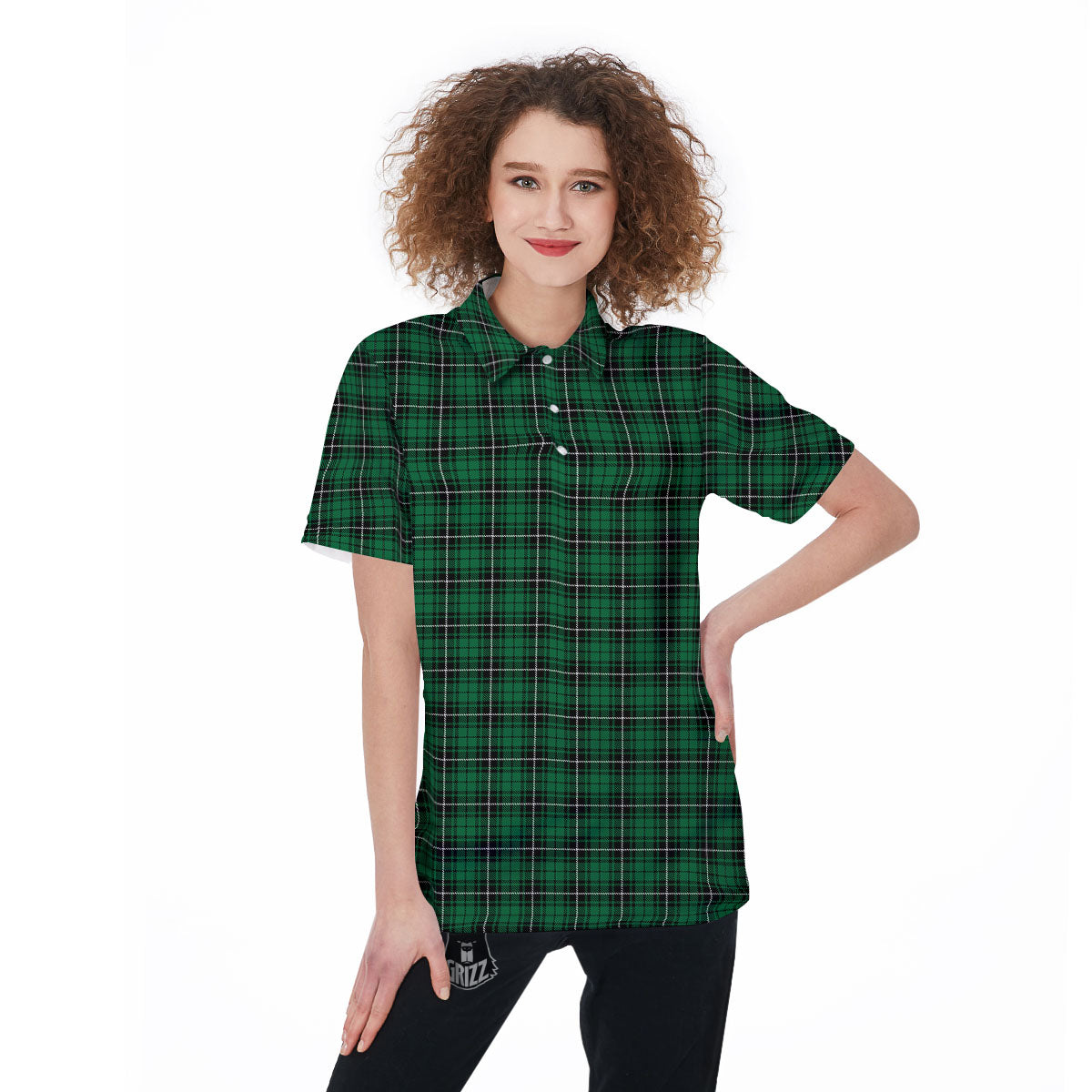 Stewart Tartan Green Print Women's Golf Shirts-grizzshop