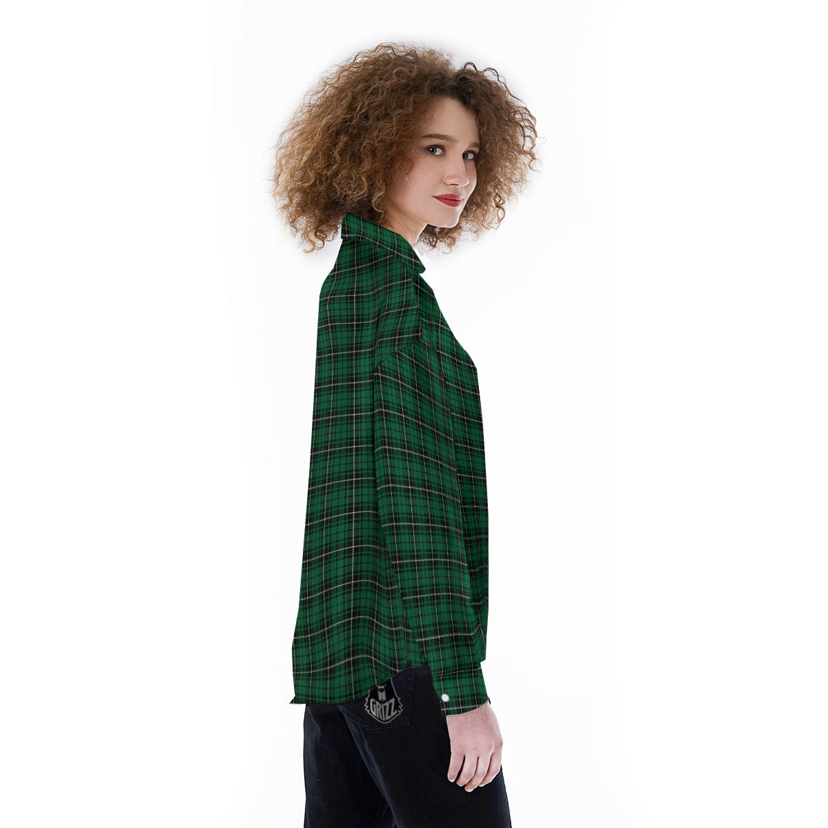 Stewart Tartan Green Print Women's Long Sleeve Shirts-grizzshop