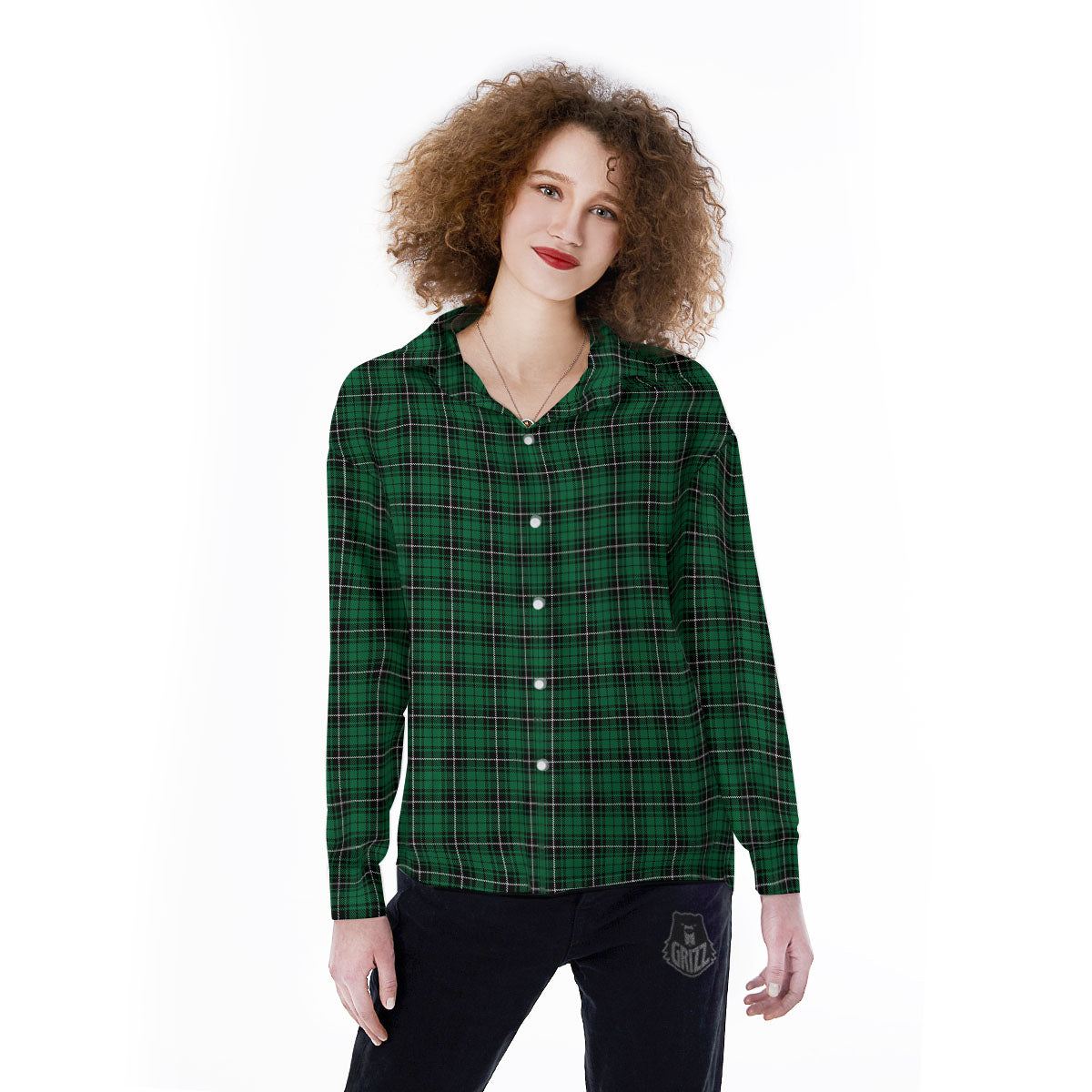 Stewart Tartan Green Print Women's Long Sleeve Shirts-grizzshop