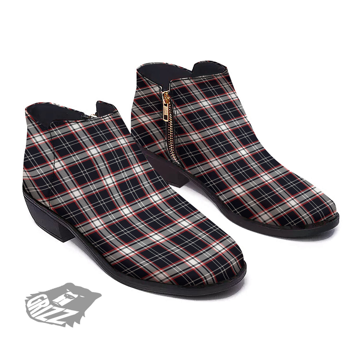 Stewart Tartan Red And Black Print Ankle Boots-grizzshop