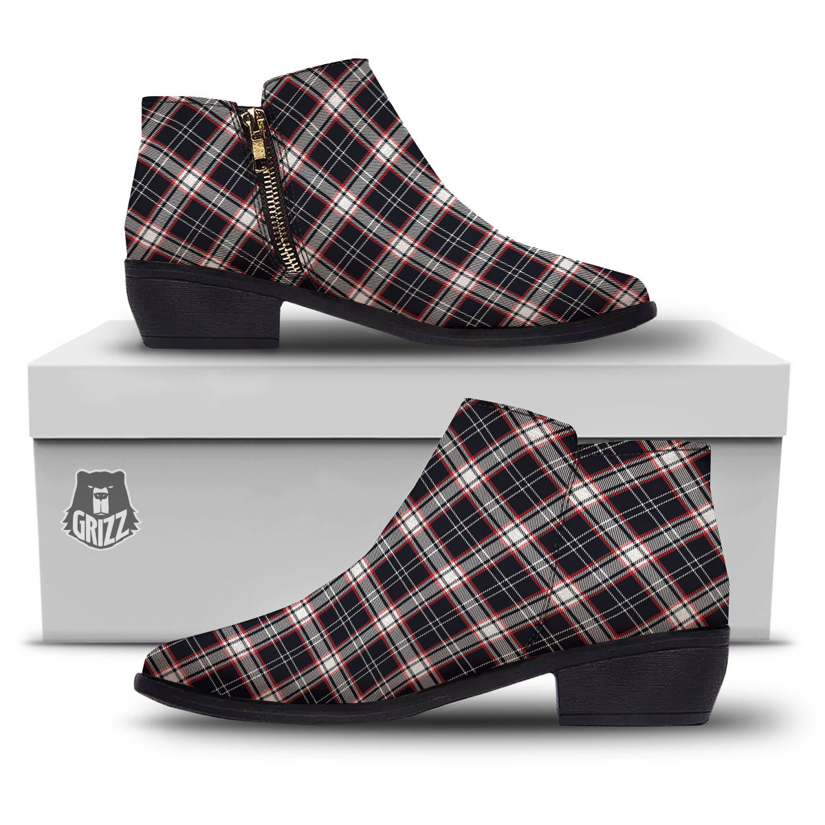 Stewart Tartan Red And Black Print Ankle Boots-grizzshop