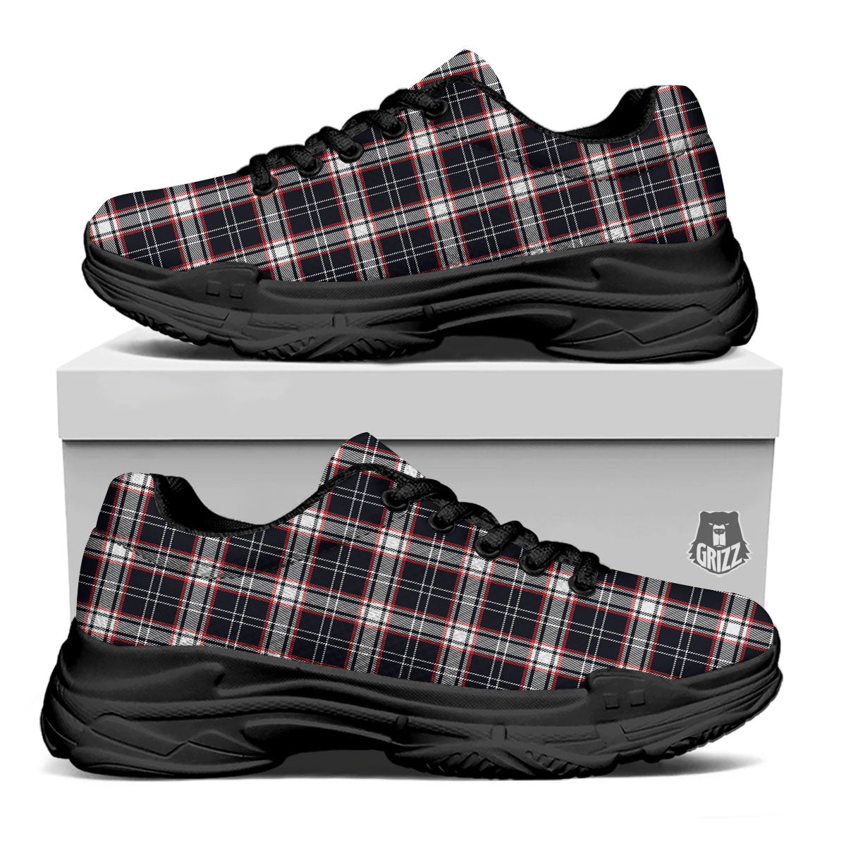 Stewart Tartan Red And Black Print Black Chunky Shoes-grizzshop