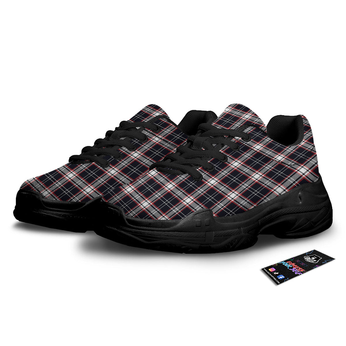 Stewart Tartan Red And Black Print Black Chunky Shoes-grizzshop