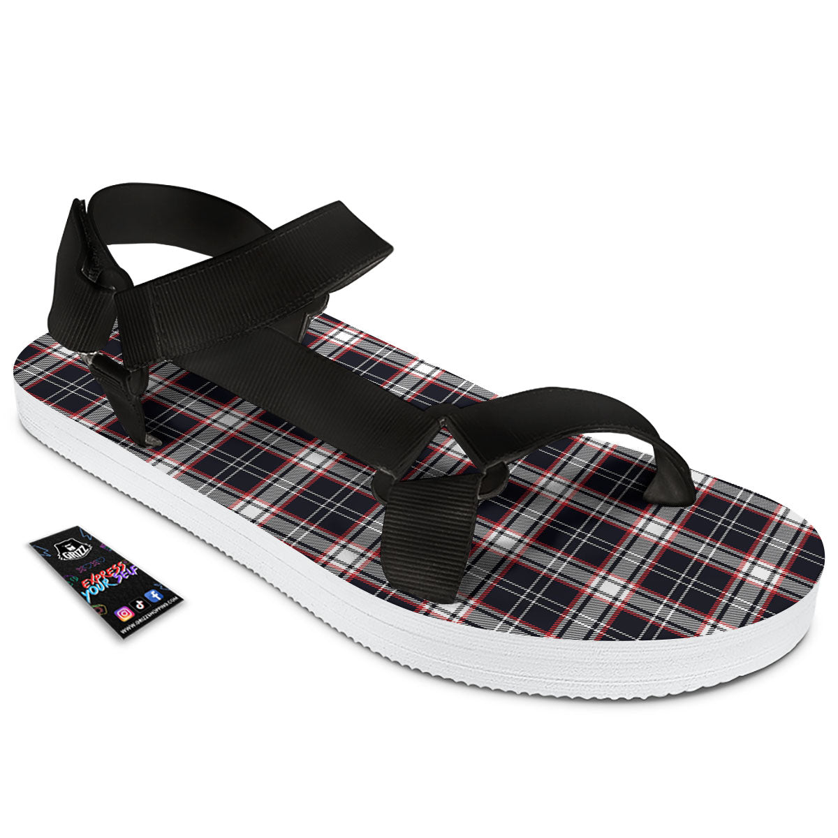Stewart Tartan Red And Black Print Black Open Toe Sandals-grizzshop