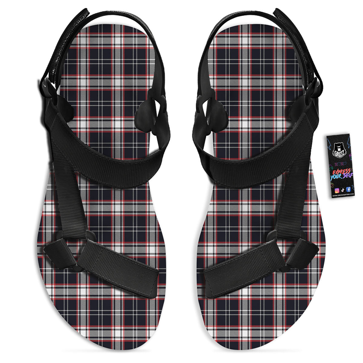 Stewart Tartan Red And Black Print Black Open Toe Sandals-grizzshop