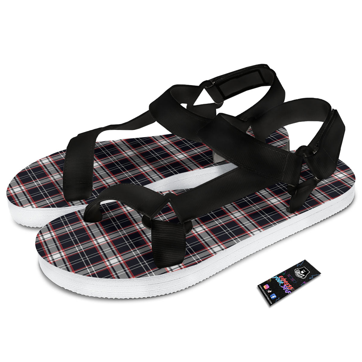 Stewart Tartan Red And Black Print Black Open Toe Sandals-grizzshop