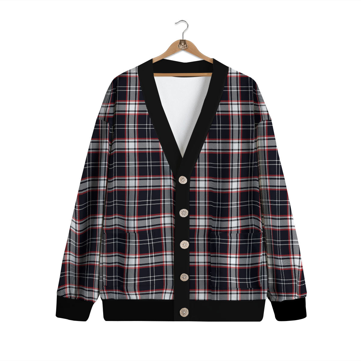 Stewart Tartan Red And Black Print Cardigan-grizzshop