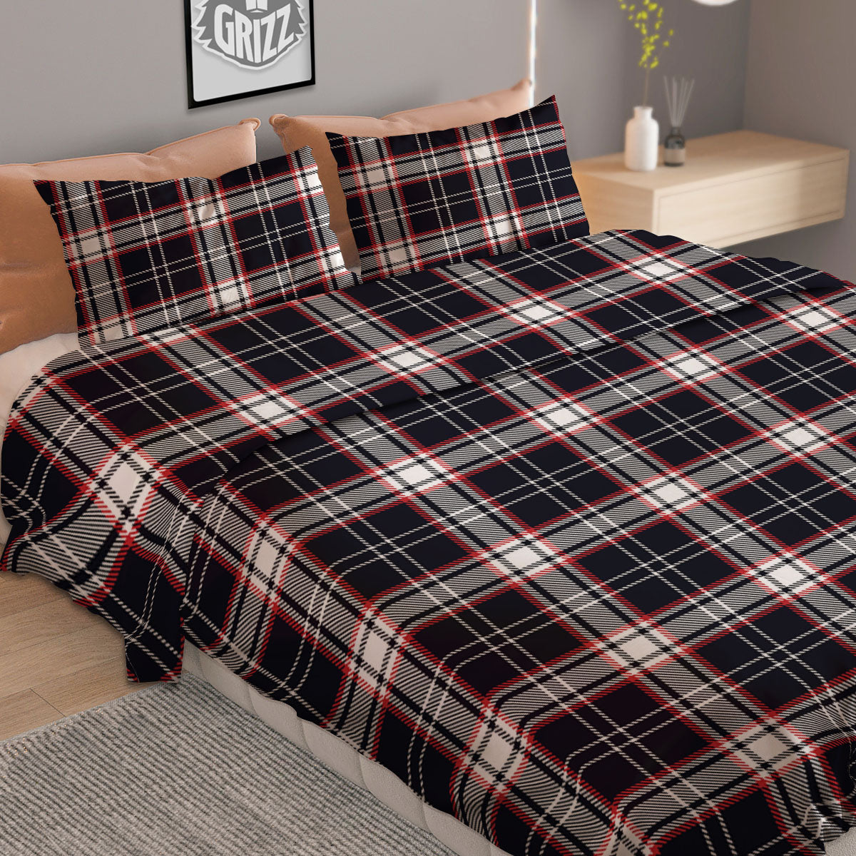 Stewart Tartan Red And Black Print Duvet Cover Bedding Set