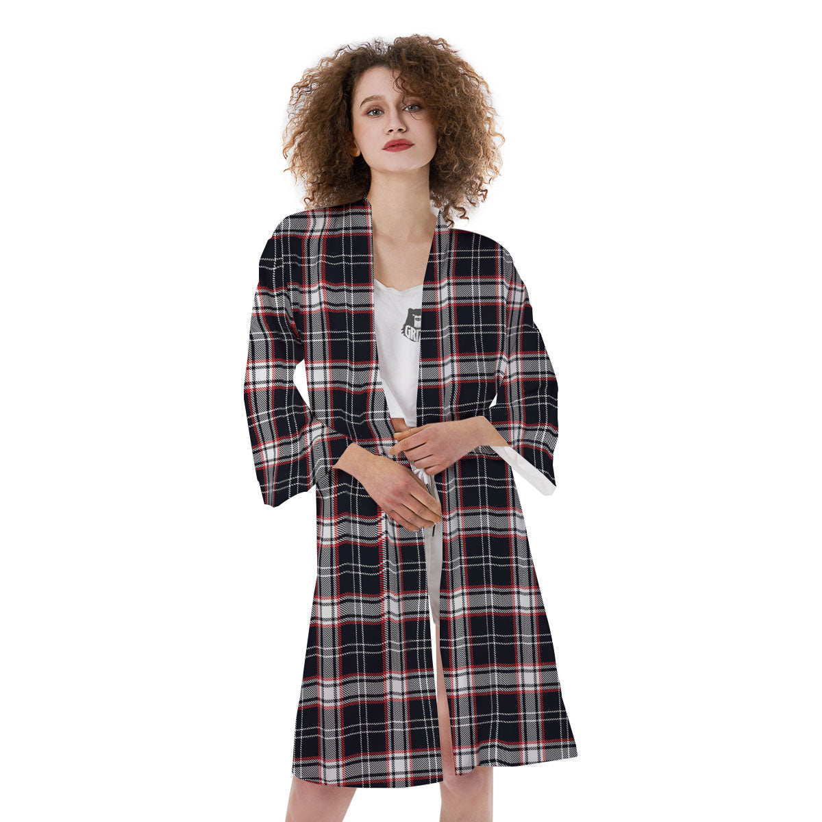 Stewart Tartan Red And Black Print Kimono-grizzshop