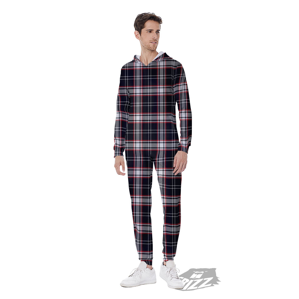 Stewart Tartan Red And Black Print Men's Jumpsuit-grizzshop