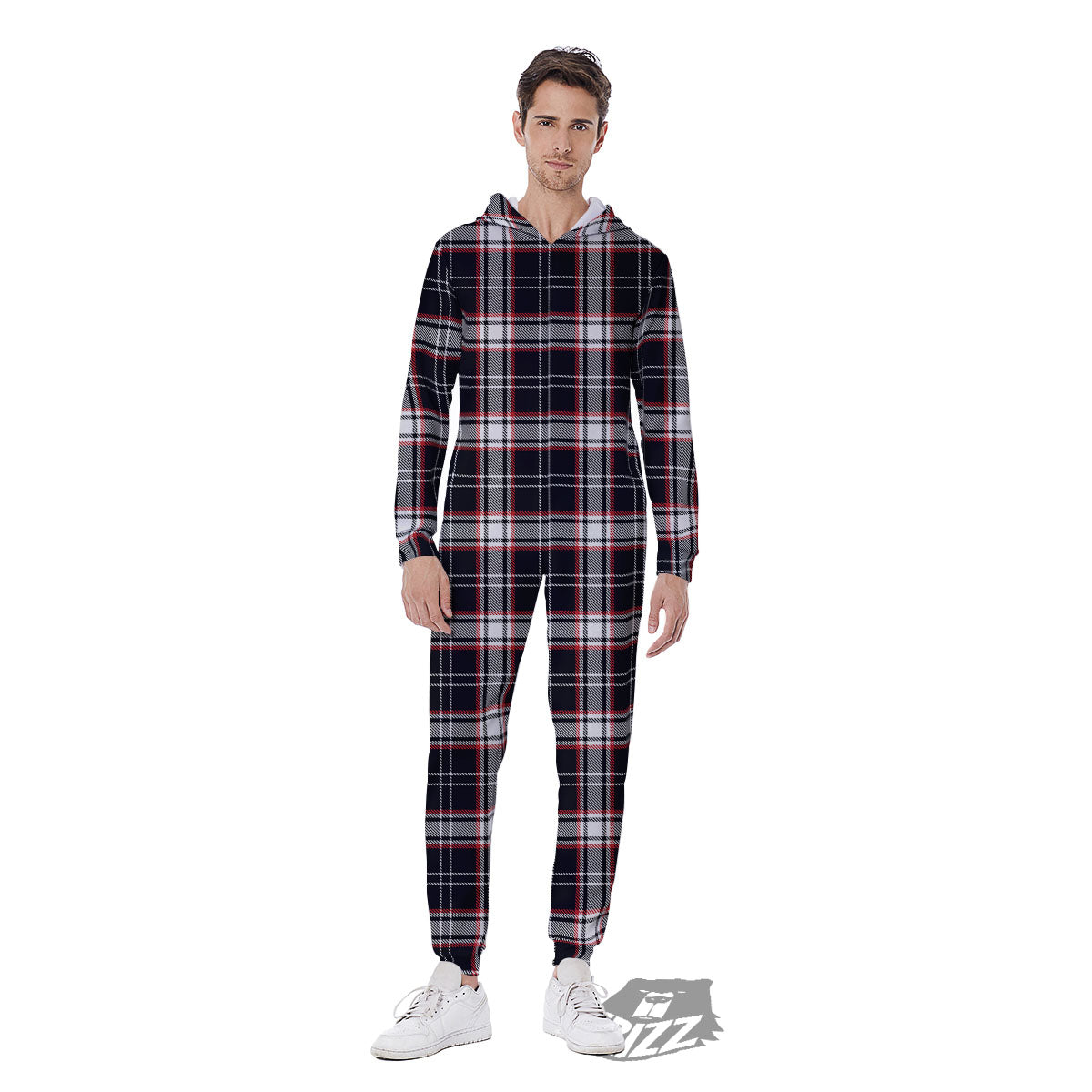 Stewart Tartan Red And Black Print Men's Jumpsuit-grizzshop