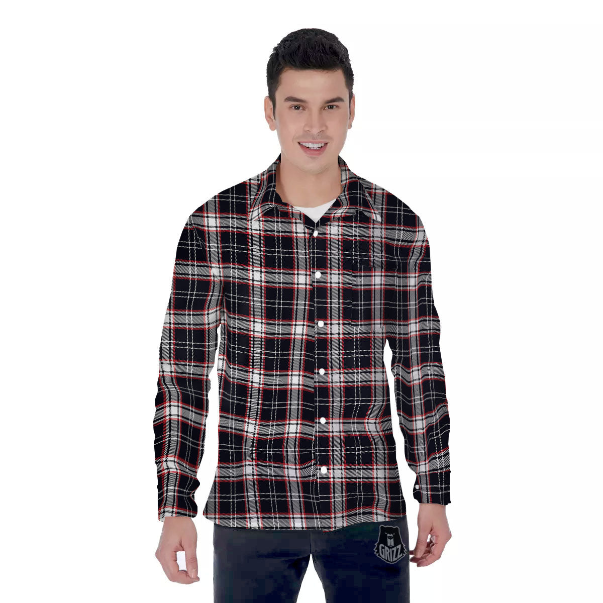 Stewart Tartan Red And Black Print Men's Long Sleeve Shirts-grizzshop