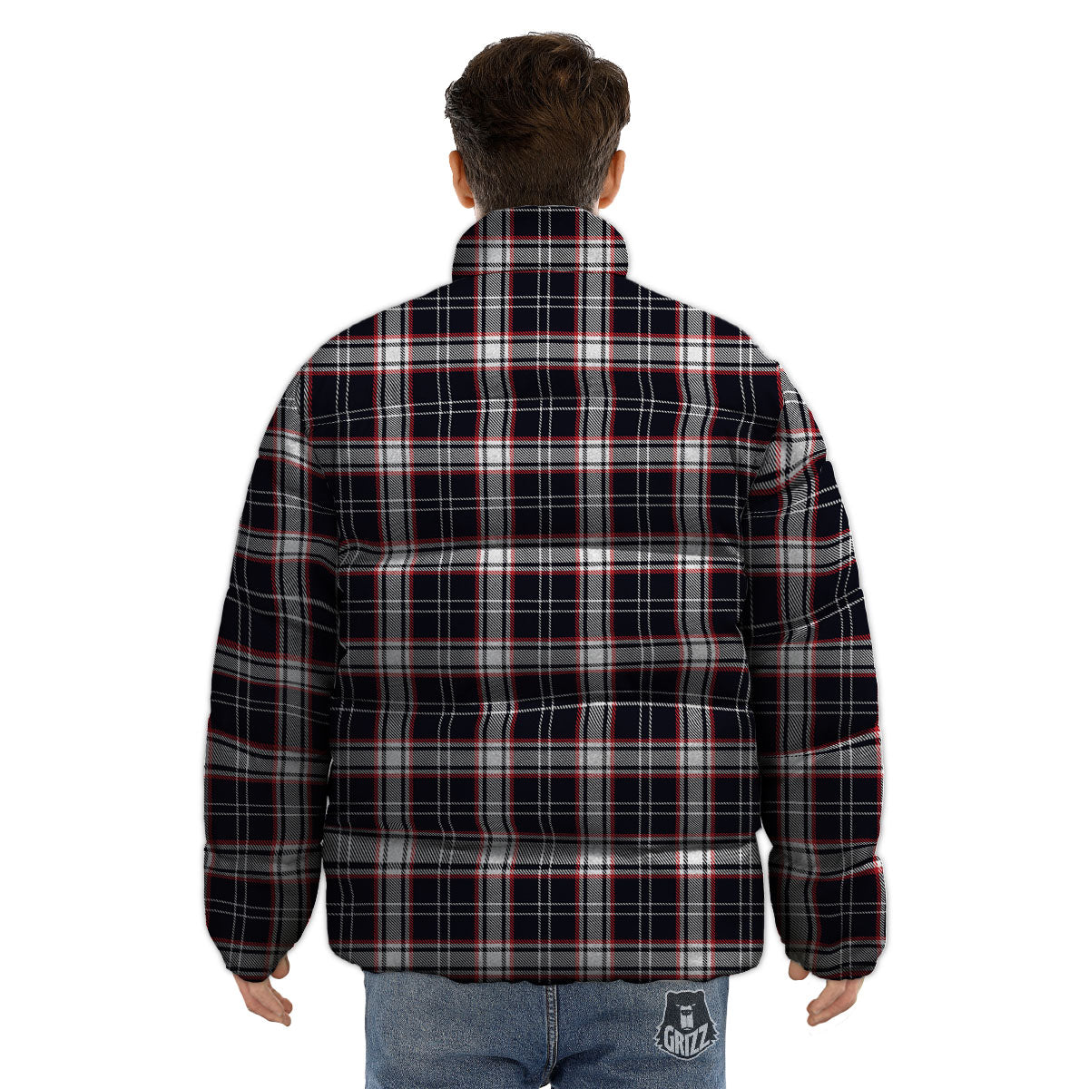 Stewart Tartan Red And Black Print Puffer Jacket-grizzshop