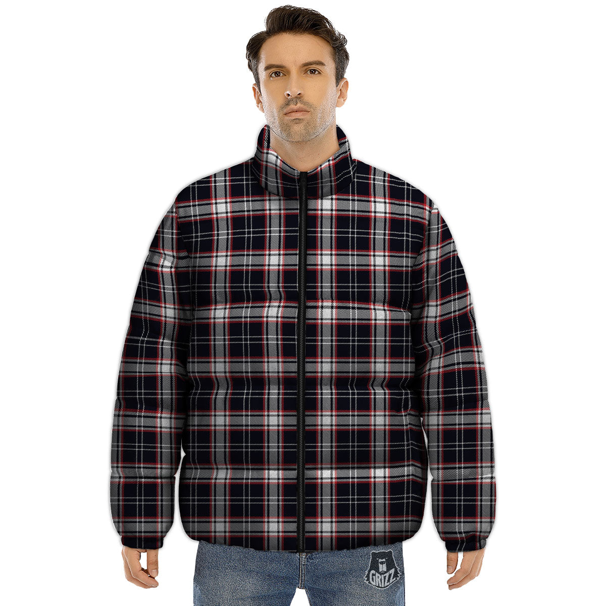 Stewart Tartan Red And Black Print Puffer Jacket-grizzshop