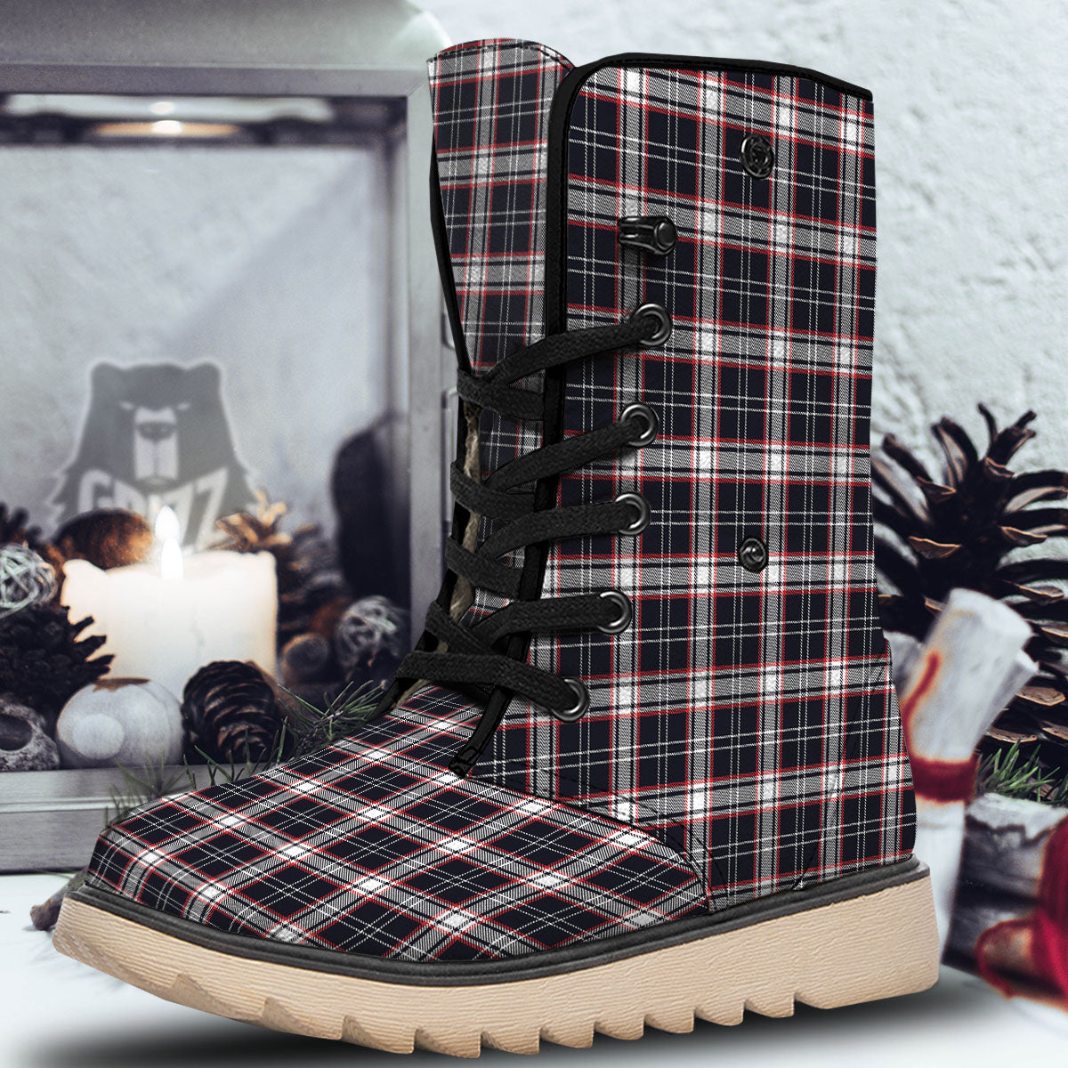 Stewart Tartan Red And Black Print Snow Boots-grizzshop