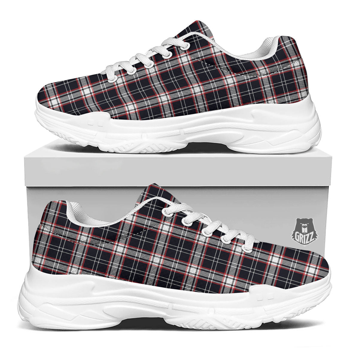 Stewart Tartan Red And Black Print White Chunky Shoes-grizzshop