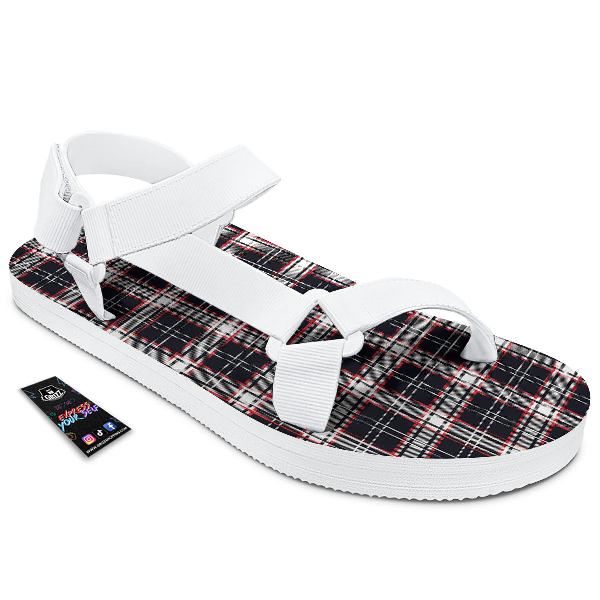 Stewart Tartan Red And Black Print White Open Toe Sandals-grizzshop