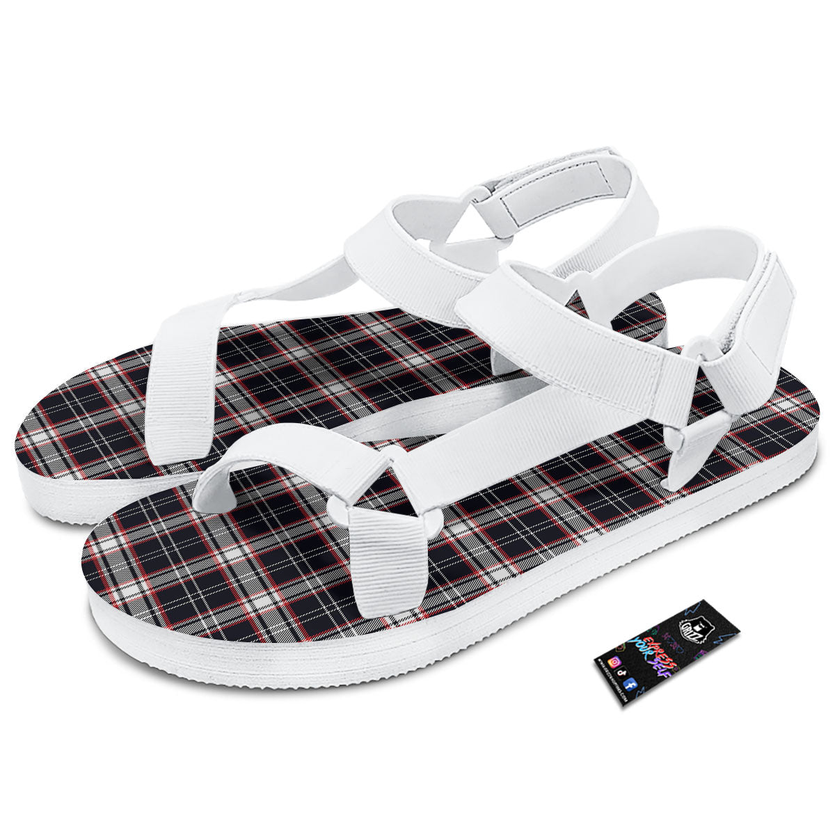 Stewart Tartan Red And Black Print White Open Toe Sandals-grizzshop