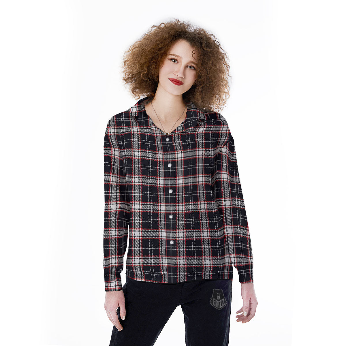 Stewart Tartan Red And Black Print Women's Long Sleeve Shirts-grizzshop