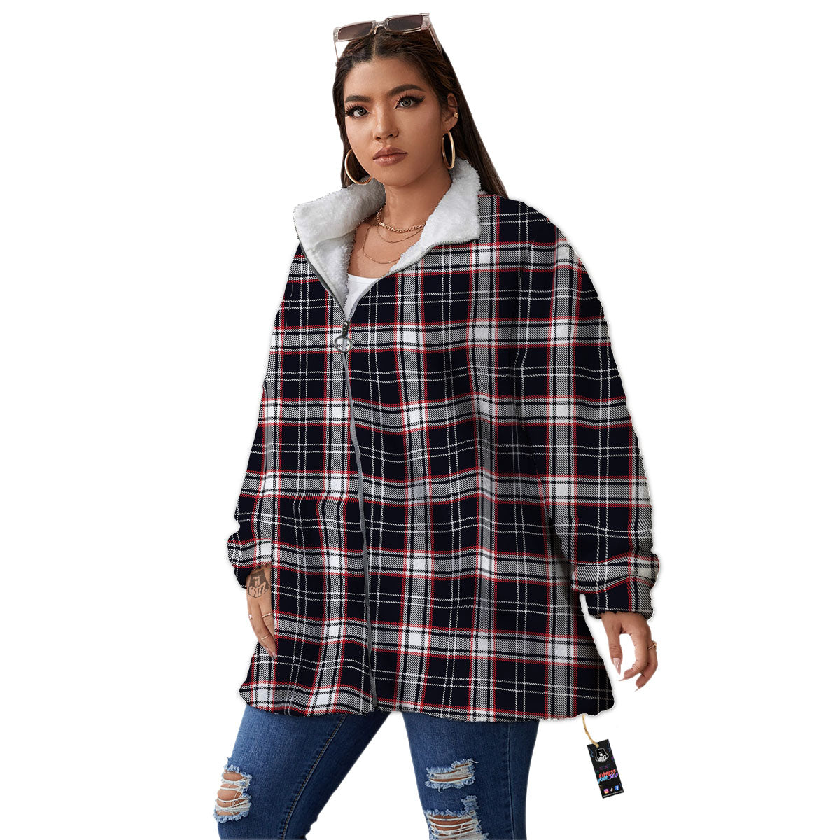 Stewart Tartan Red And Black Print Women's Sherpa Jacket-grizzshop